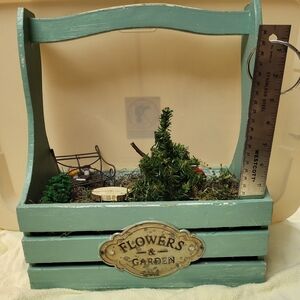 Wood basket with handle with tiny nature setting inside